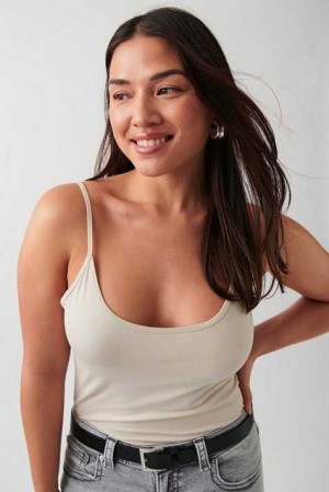 Beige Women Gina Tricot Basic Strap Tank Top | 67QEUKPRA