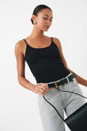 Black Women Gina Tricot Basic Strap Tank Top | 94FCOLWUD