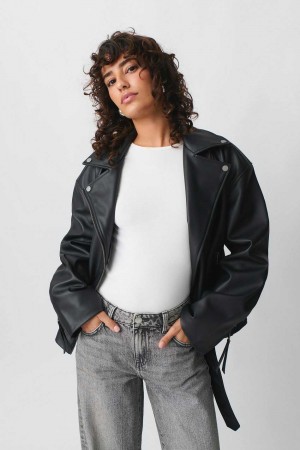 Black Women Gina Tricot Belted Biker Jacket | 08PDHFROX