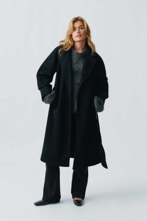 Black Women Gina Tricot Belted Long Coat | 35UPVFQGR