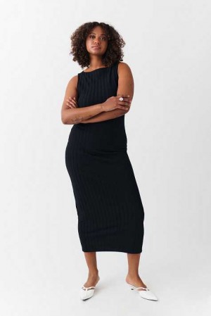 Black Women Gina Tricot Boatneck Rib Dress | 18CAEYMWT