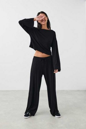 Black Women Gina Tricot Drawstring Wide Pyjamas | 74NGJEHAF