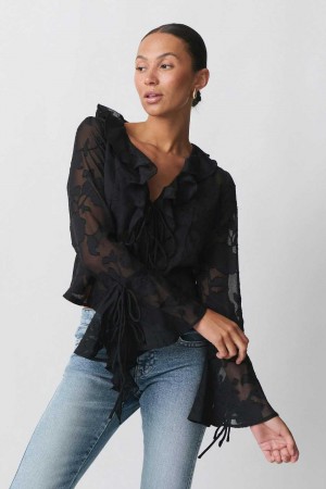 Black Women Gina Tricot Frill Blouse | 12QCIOFGJ