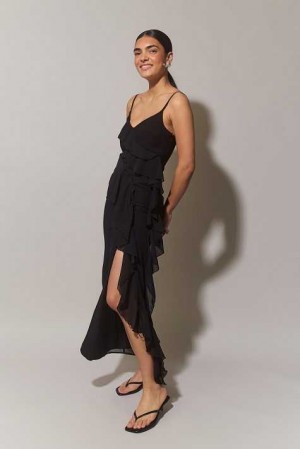 Black Women Gina Tricot Frill Chiffon Maxi Dress | 53NTEIKBF