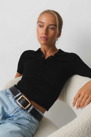 Black Women Gina Tricot Knitted Collar Sweaters | 25EAJLGQK