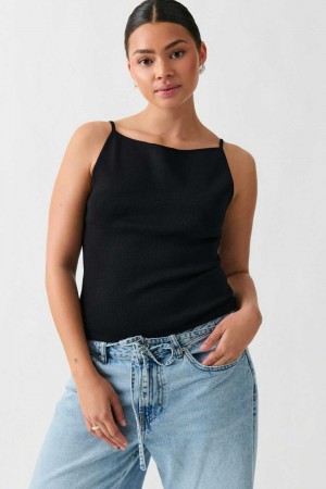 Black Women Gina Tricot Knitted Strap Tank Top | 47YSTWCMD