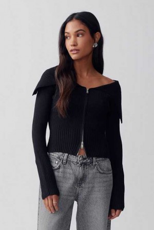 Black Women Gina Tricot Knitted Zip Collar Cardigan | 20OPIFGUL