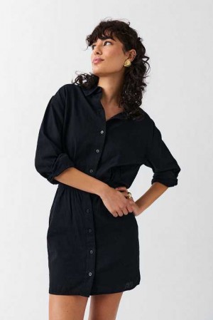 Black Women Gina Tricot Linen Blend Shirt Dress | 94GFRPZAT