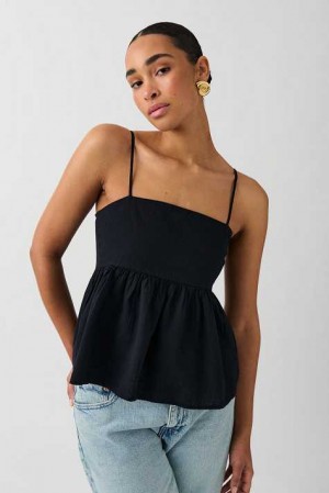 Black Women Gina Tricot Linen Blend Tank Top | 17WKEIDRL