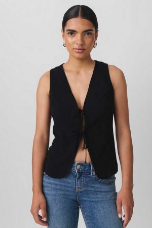 Black Women Gina Tricot Linen Blend Tie Vest | 34VNIWTRP