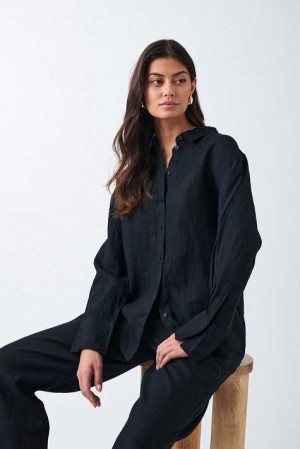 Black Women Gina Tricot Linen Shirts | 76VXAUMSW