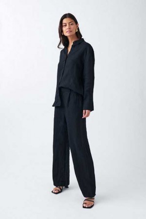 Black Women Gina Tricot Linen Trousers | 48ETKCPNW