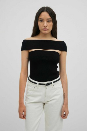 Black Women Gina Tricot Off Shoulder Knit Top | 34BLRAJEF