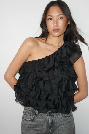 Black Women Gina Tricot Organza Frill Top | 36DEPLYOH