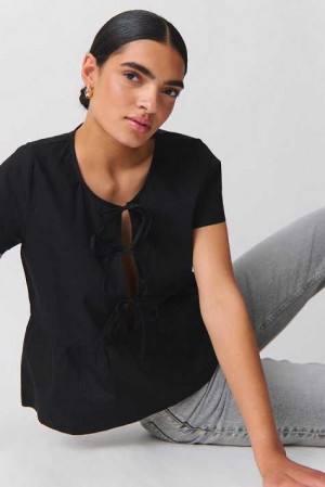 Black Women Gina Tricot Peplum Tie Blouse | 54MVJUFLH