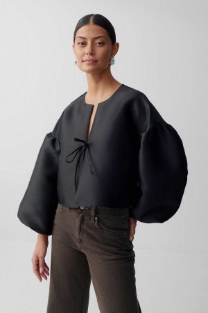 Black Women Gina Tricot Puff Sleeve Blouse | 32YGBJSOA