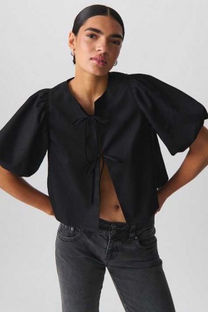 Black Women Gina Tricot Puff Sleeve Blouse | 94DNHEWVL