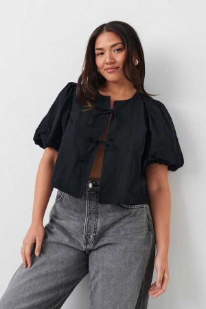 Black Women Gina Tricot Puff Sleeve Blouse | 04BEIYUMV