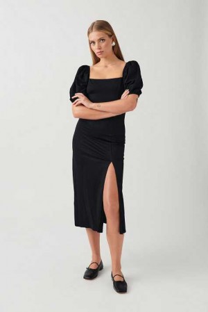 Black Women Gina Tricot Puff Sleeve Midi Dress | 35AORSGPJ