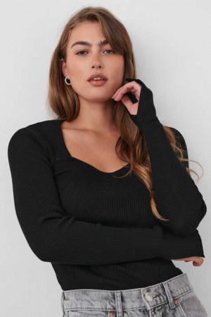 Black Women Gina Tricot Rib Knitted Sweaters | 76AEHQNLC