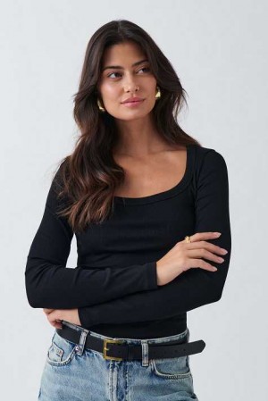 Black Women Gina Tricot Rib Long Sleeve Top | 04IDWVJNE