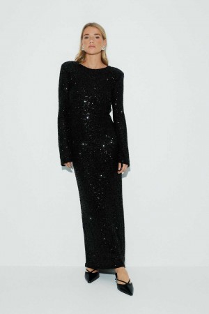 Black Women Gina Tricot Sequins Maxi Dress | 76VTWZMNA