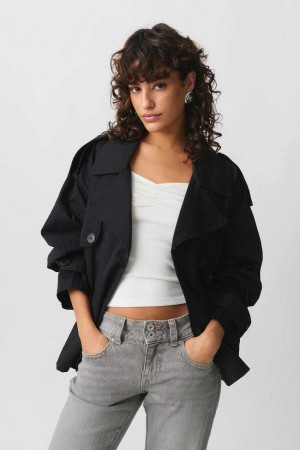 Black Women Gina Tricot Short Belted Trench Coat | 97KCBPHFL