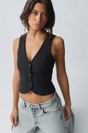 Black Women Gina Tricot Short V-neck Vest | 02PUEJOSW