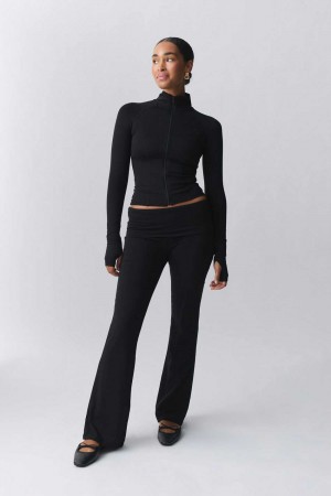 Black Women Gina Tricot Soft Touch Folded Trousers | 87BWKSOZC