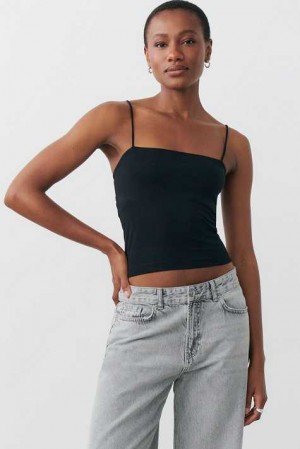 Black Women Gina Tricot Spaghetti Strap Tank Top | 47ANFGIPR