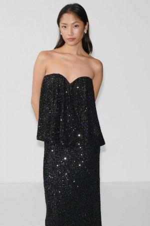 Black Women Gina Tricot Strapless Sequin Top | 71MPHABWR