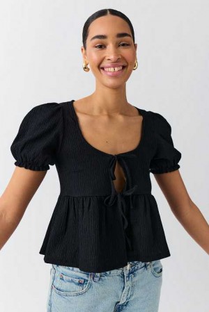 Black Women Gina Tricot Tie Front Blouse | 26DSVBZAX