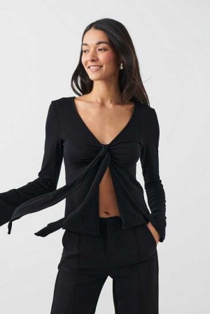 Black Women Gina Tricot Tie Front Long Sleeve Top | 52ZDAUPQI