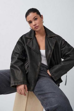 Black Women Gina Tricot Washed Biker Jacket | 42PLCIDWM