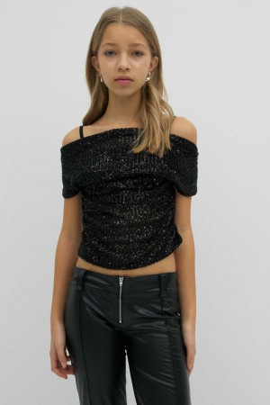 Black Young Gina Tricot Y Sequin Off Shoulder Top | 49HOEQWFX