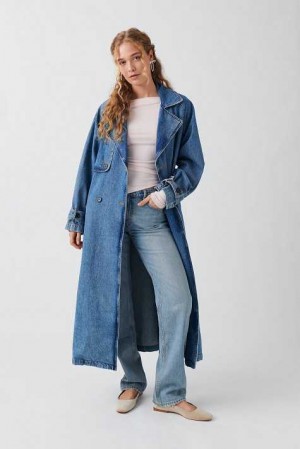 Blue Women Gina Tricot Denim Long Trench Coat | 46FSQGAYC