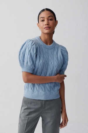 Blue Women Gina Tricot Knitted Cable Sweaters | 86ATOWQKI