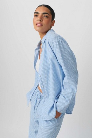 Blue Women Gina Tricot Linen Blend Shirts | 71GBMJQSZ