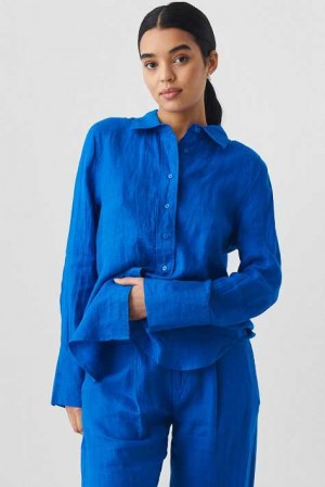 Blue Women Gina Tricot Lovisa Linen Shirts | 95UMFTPBJ