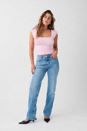 Blue Women Gina Tricot Mid Straight Jeans | 87YQTDHIO