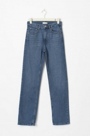 Blue Women Gina Tricot Mid Straight Petite Jeans | 75PKSALNV