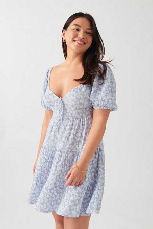 Blue Women Gina Tricot Puff Sleeve Mini Dress | 52KUNCGVW