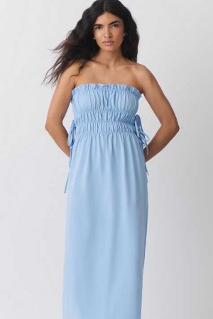 Blue Women Gina Tricot Ruched Tube Dress | 81XQCLHWV