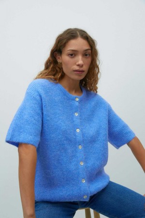 Blue Women Gina Tricot Short Sleeve Knitted Cardigan | 93JOGHDEB