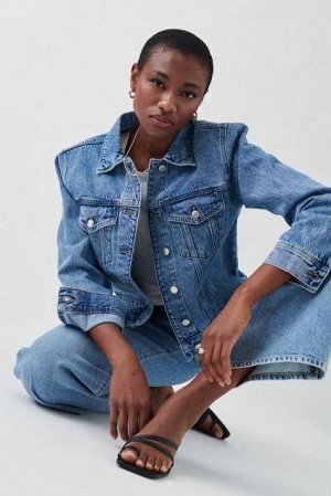 Blue Women Gina Tricot Shoulder Padded Denim Jacket | 83AMTJGKI