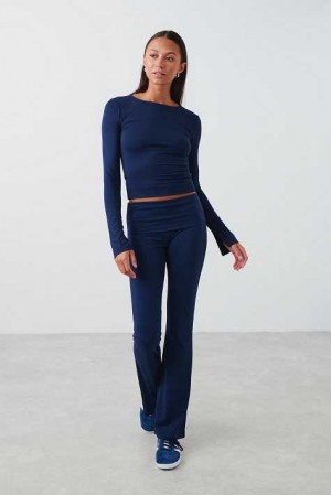 Blue Women Gina Tricot Soft Touch Folded Trousers | 79FNPSDXC