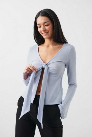 Blue Women Gina Tricot Tie Front Long Sleeve Top | 95TZNVLHG