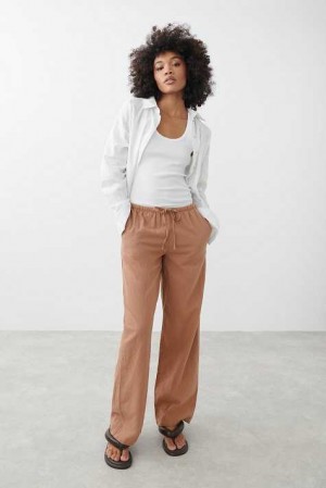 Brown Women Gina Tricot Linen Blend Trousers | 67RKQUBOG