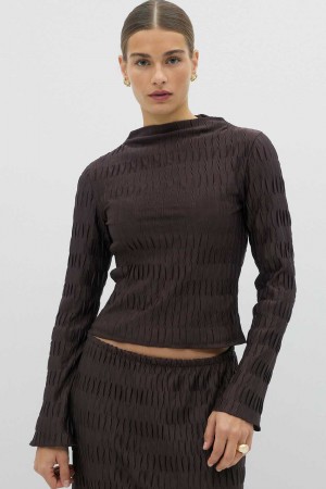 Brown Women Gina Tricot Pleated Funnel Neck Top | 47UPFSOVI