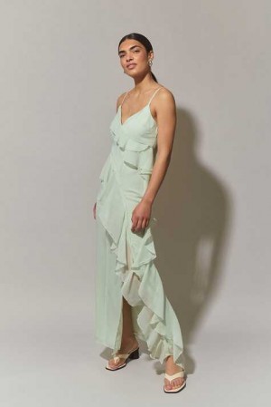 Green Women Gina Tricot Frill Chiffon Maxi Dress | 48GAQJBEH